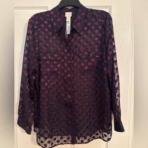 Chico's Navy Sheer Button-Front Blouse with Berry Polka Dots